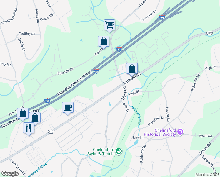 map of restaurants, bars, coffee shops, grocery stores, and more near 230 Littleton Road in Chelmsford