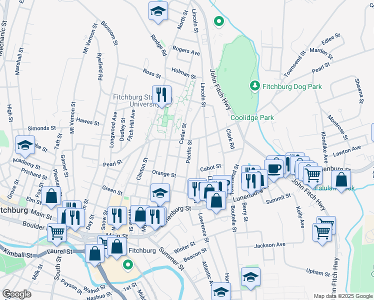 map of restaurants, bars, coffee shops, grocery stores, and more near 47 Pacific Street in Fitchburg