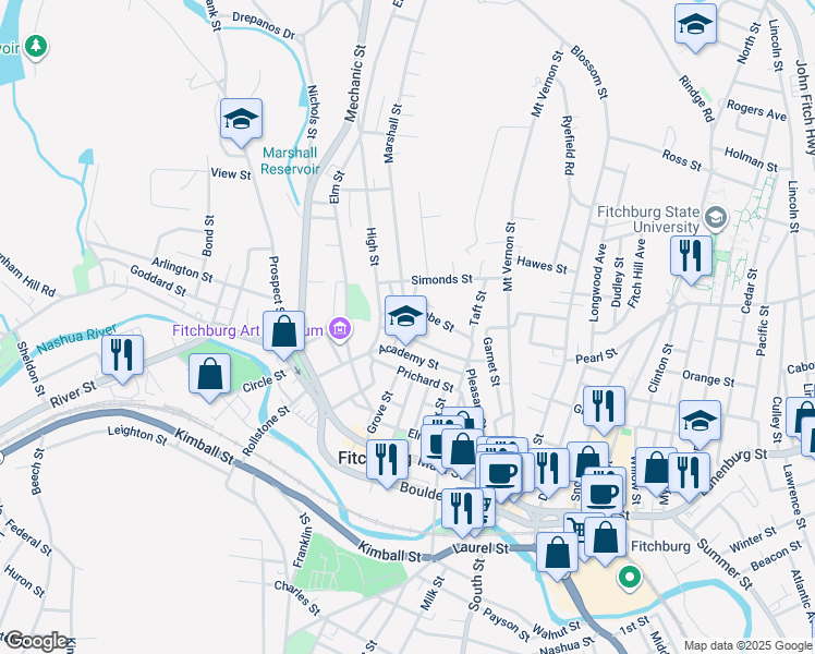 map of restaurants, bars, coffee shops, grocery stores, and more near 98 Academy Street in Fitchburg