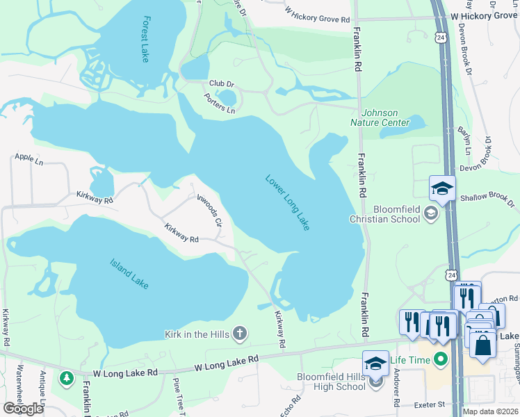 map of restaurants, bars, coffee shops, grocery stores, and more near 1412 Inwoods Circle in Bloomfield Hills