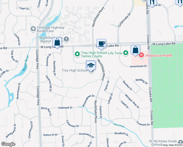 map of restaurants, bars, coffee shops, grocery stores, and more near 4777 Northfield Parkway in Troy