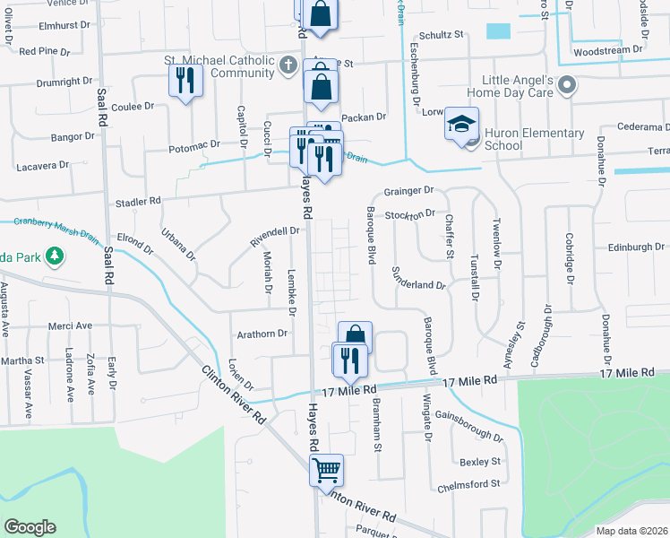 map of restaurants, bars, coffee shops, grocery stores, and more near 39443 Heatherheath Drive in Clinton Township