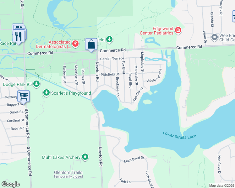 map of restaurants, bars, coffee shops, grocery stores, and more near 9351 Boncrest Street in Commerce Charter Township