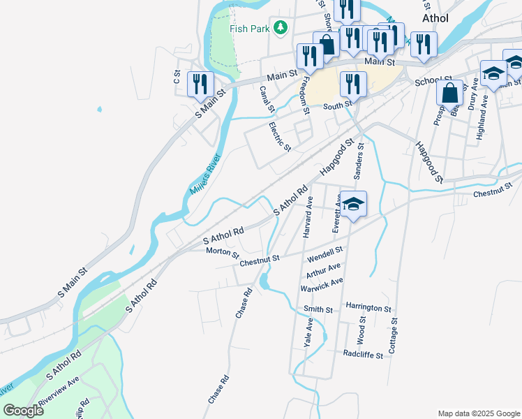 map of restaurants, bars, coffee shops, grocery stores, and more near 45 Pike Street in Athol