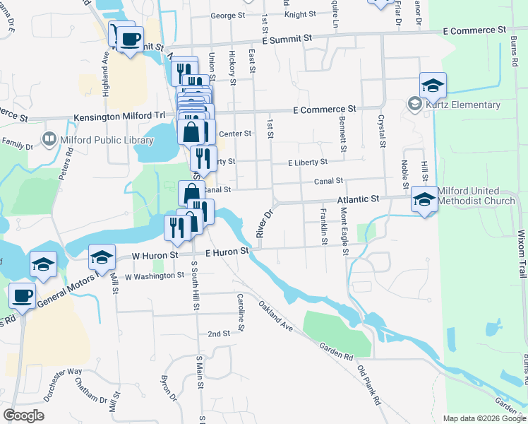 map of restaurants, bars, coffee shops, grocery stores, and more near 328 Canal Street in Milford Charter Township