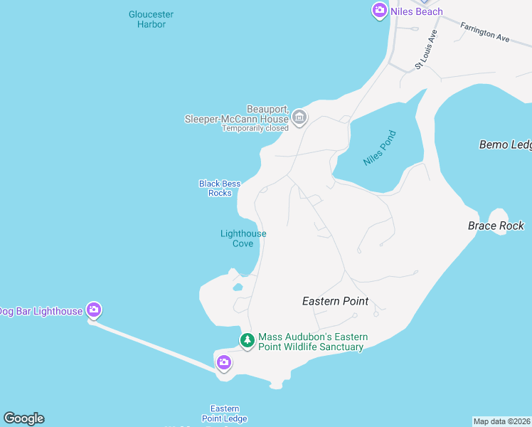 map of restaurants, bars, coffee shops, grocery stores, and more near 90 Eastern Point Boulevard in Gloucester