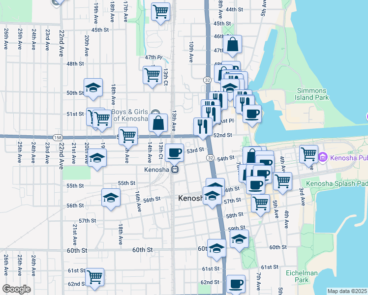 map of restaurants, bars, coffee shops, grocery stores, and more near 1021 Frontage Road in Kenosha