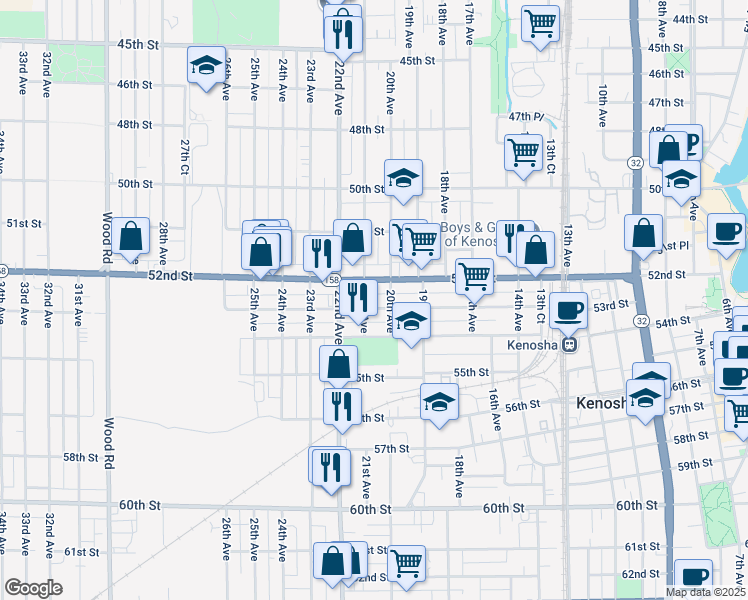 map of restaurants, bars, coffee shops, grocery stores, and more near 2012 52nd Street in Kenosha