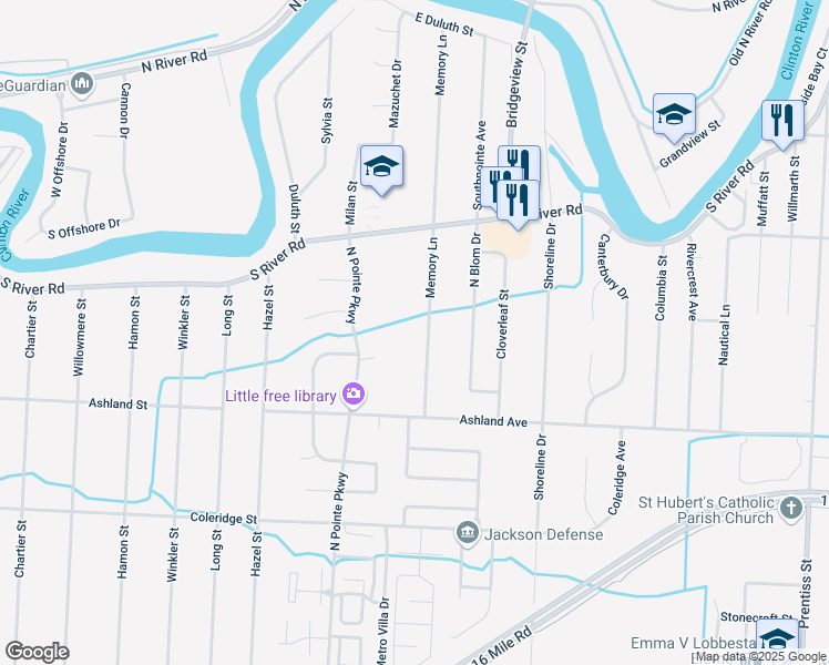map of restaurants, bars, coffee shops, grocery stores, and more near 39335 Memory Lane in Harrison Township