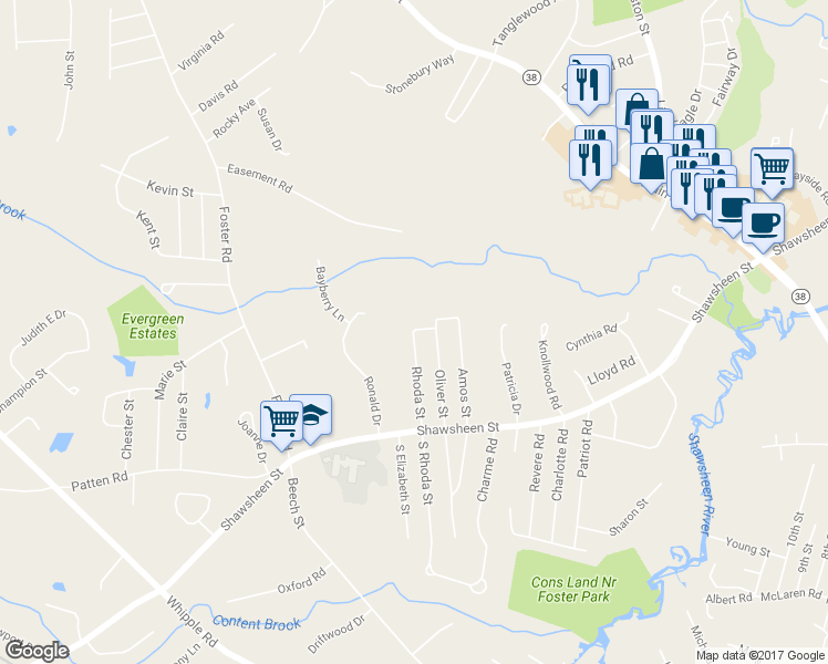 map of restaurants, bars, coffee shops, grocery stores, and more near 4 Herbert Street in Tewksbury