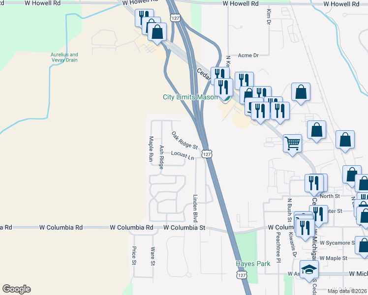 map of restaurants, bars, coffee shops, grocery stores, and more near 320 Oak Ridge Street in Mason