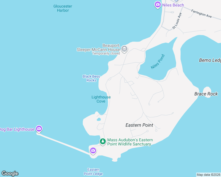 map of restaurants, bars, coffee shops, grocery stores, and more near 90 Eastern Point Boulevard in Gloucester