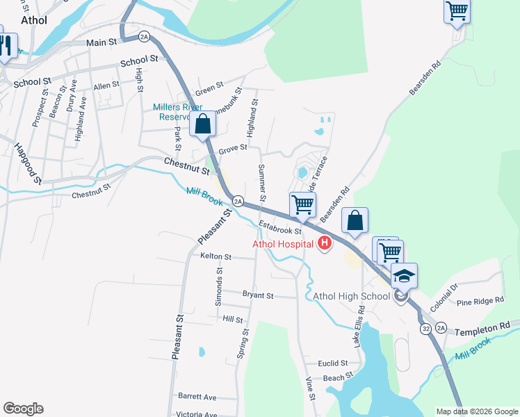map of restaurants, bars, coffee shops, grocery stores, and more near 52 Summer Street in Athol
