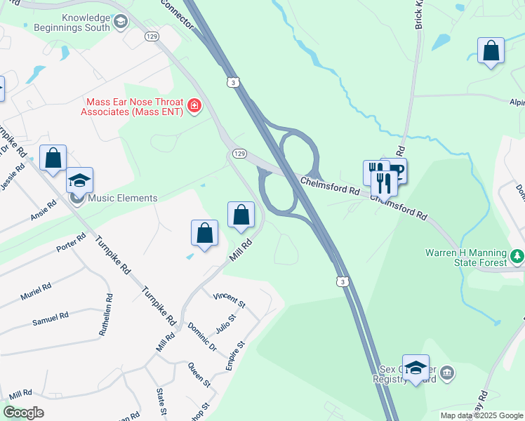 map of restaurants, bars, coffee shops, grocery stores, and more near 271 Mill Road in Chelmsford