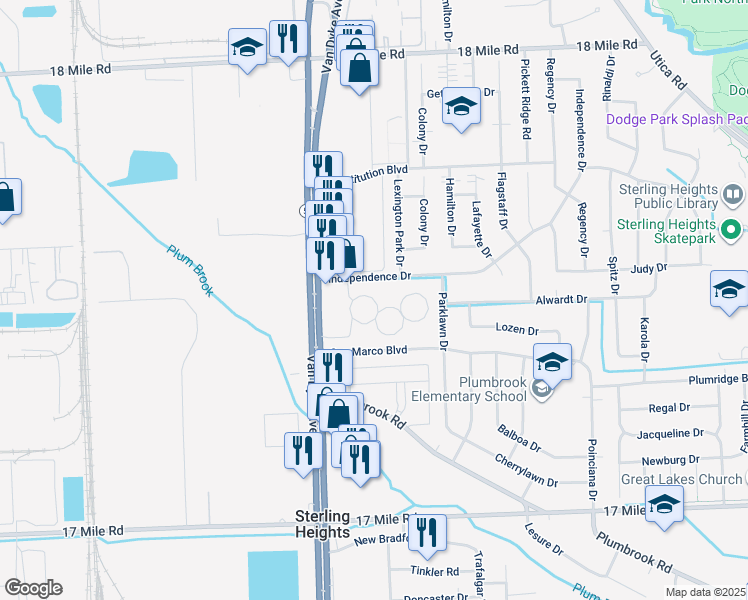 map of restaurants, bars, coffee shops, grocery stores, and more near 8130 Clay Court in Sterling Heights