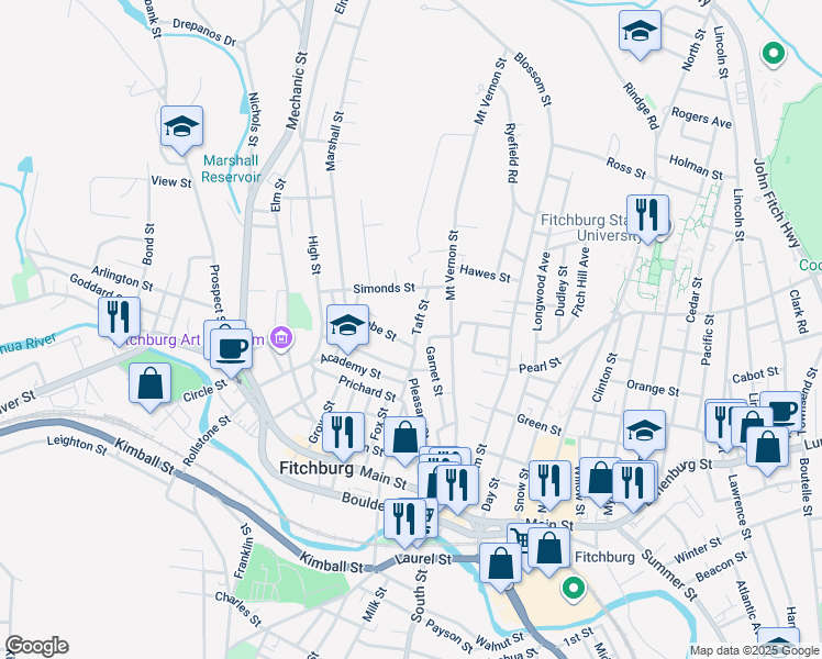 map of restaurants, bars, coffee shops, grocery stores, and more near 24 Taft Street in Fitchburg