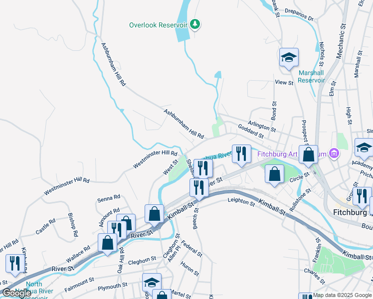 map of restaurants, bars, coffee shops, grocery stores, and more near 38 Read Street in Fitchburg