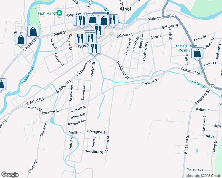 map of restaurants, bars, coffee shops, grocery stores, and more near 472 Chestnut Street in Athol