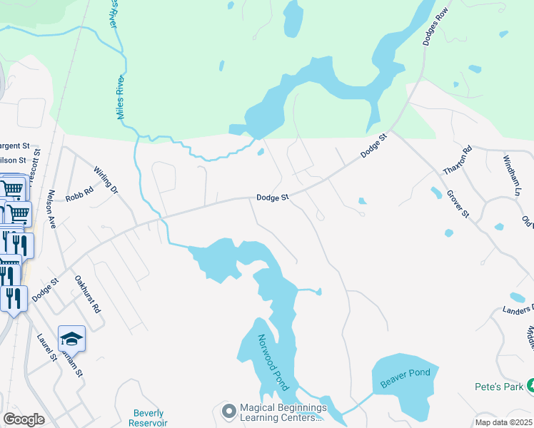 map of restaurants, bars, coffee shops, grocery stores, and more near 277 Dodge Street in Beverly