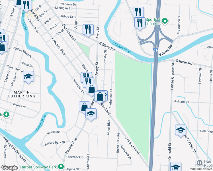 map of restaurants, bars, coffee shops, grocery stores, and more near 39277 Charbeneau Street in Clinton Township