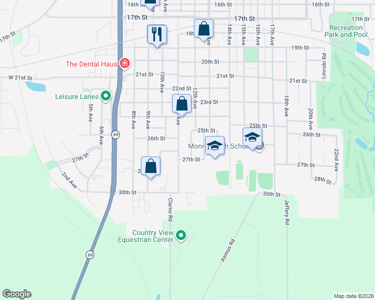 map of restaurants, bars, coffee shops, grocery stores, and more near 2606 12th Avenue in Monroe