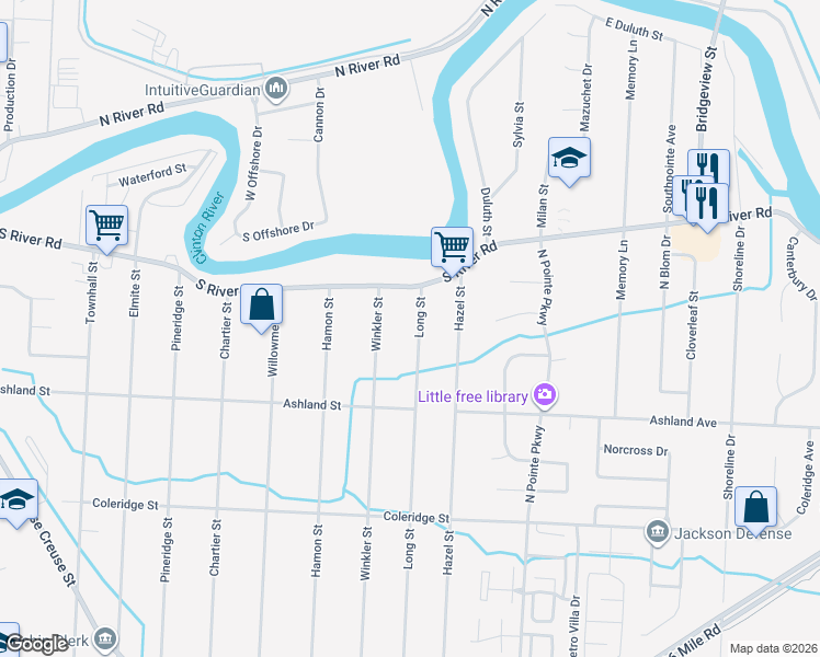 map of restaurants, bars, coffee shops, grocery stores, and more near 39410 Long Street in Harrison Township