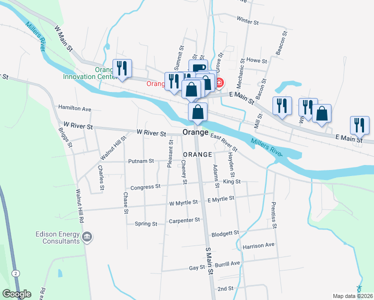map of restaurants, bars, coffee shops, grocery stores, and more near 94 South Main Street in Orange