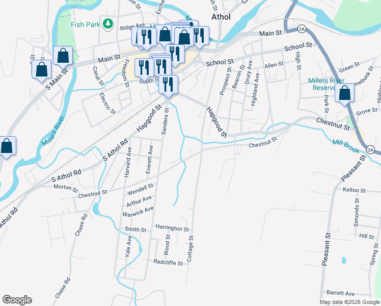 map of restaurants, bars, coffee shops, grocery stores, and more near 472 Chestnut Street in Athol