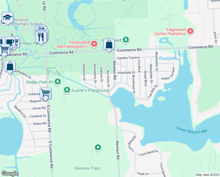map of restaurants, bars, coffee shops, grocery stores, and more near 3267 Rio Vista Street in Commerce Charter Township