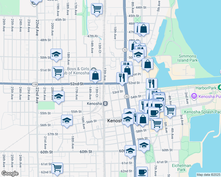 map of restaurants, bars, coffee shops, grocery stores, and more near 5215 11th Avenue in Kenosha