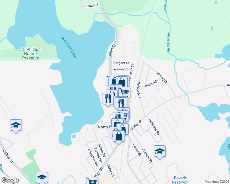 map of restaurants, bars, coffee shops, grocery stores, and more near 57 Enon Street in Beverly