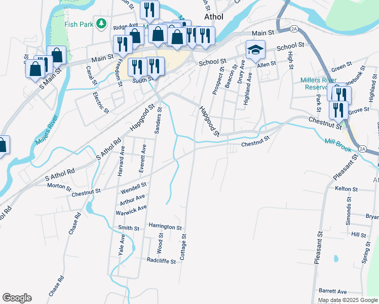 map of restaurants, bars, coffee shops, grocery stores, and more near 472 Chestnut Street in Athol