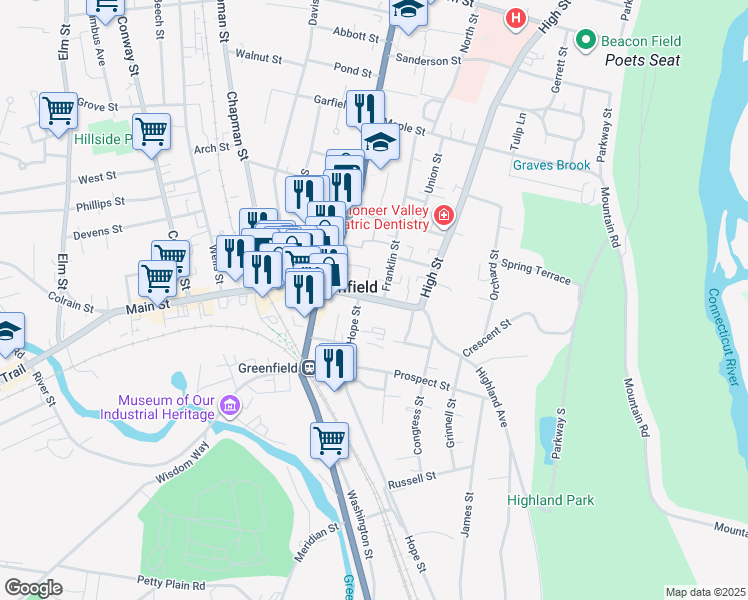 map of restaurants, bars, coffee shops, grocery stores, and more near 412 Main Street in Greenfield