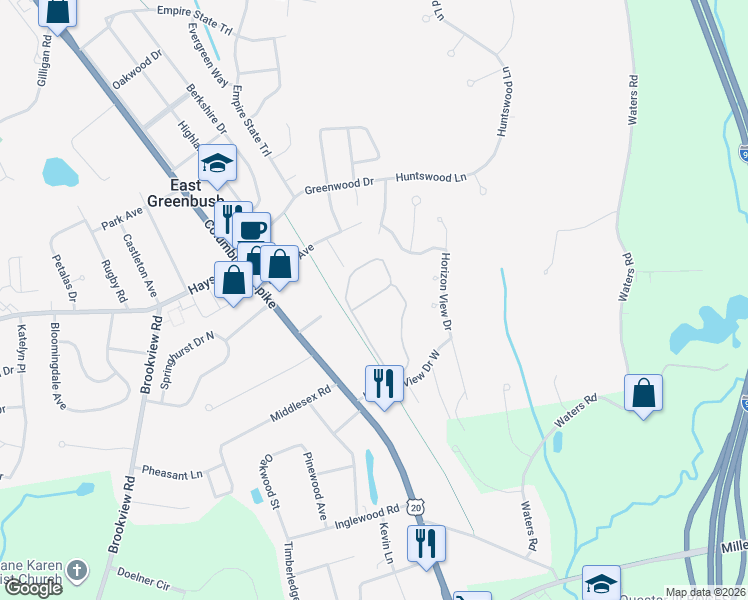 map of restaurants, bars, coffee shops, grocery stores, and more near 100 Horizon View Drive in East Greenbush