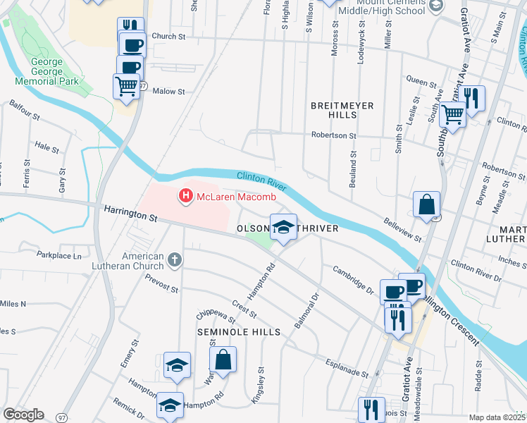 map of restaurants, bars, coffee shops, grocery stores, and more near 635 Wellington Crescent in Mount Clemens