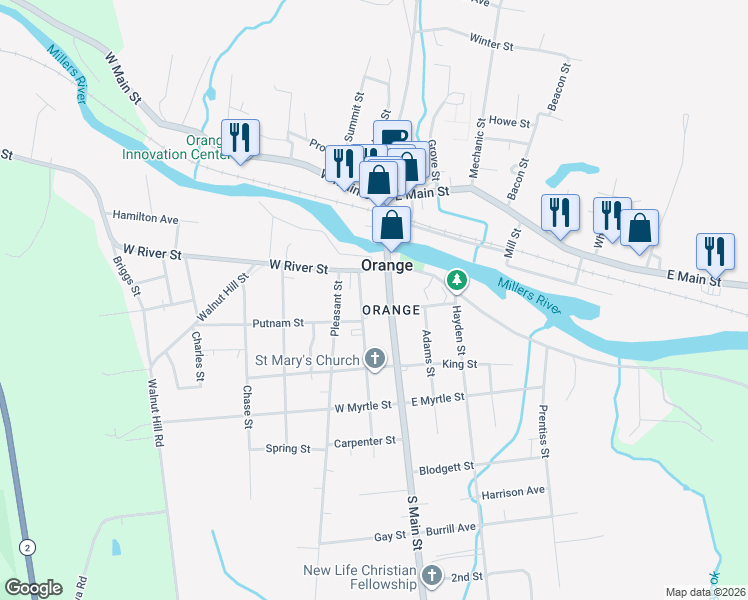 map of restaurants, bars, coffee shops, grocery stores, and more near 94 South Main Street in Orange