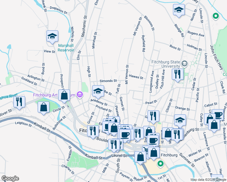 map of restaurants, bars, coffee shops, grocery stores, and more near 70 Mount Globe Street in Fitchburg