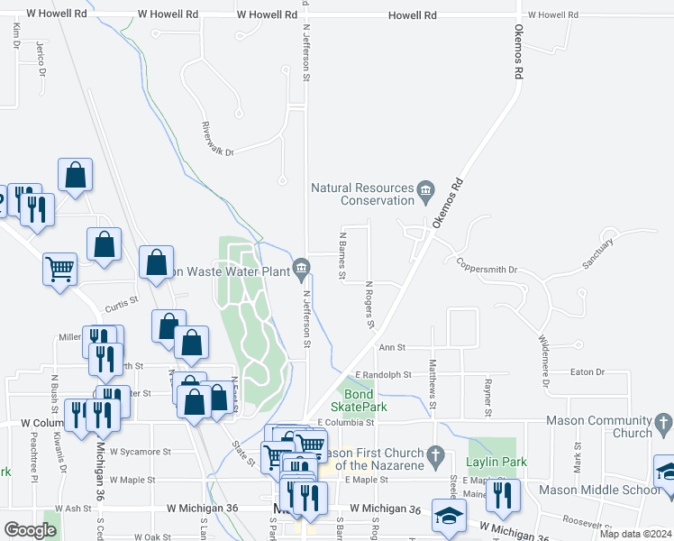 map of restaurants, bars, coffee shops, grocery stores, and more near 413 North Barnes Street in Mason