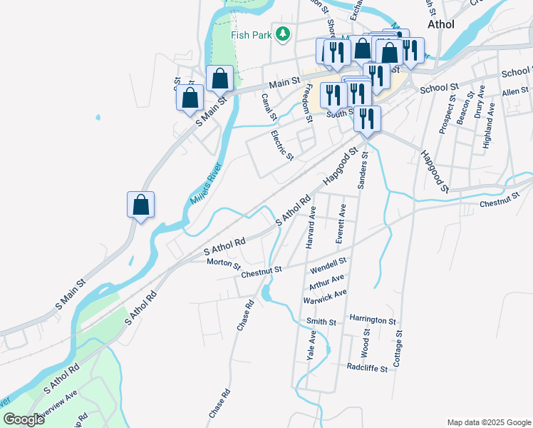 map of restaurants, bars, coffee shops, grocery stores, and more near 45 Pike Street in Athol