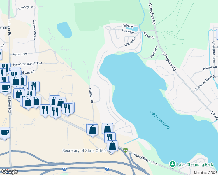 map of restaurants, bars, coffee shops, grocery stores, and more near 895 Sunrise Park Street in Howell