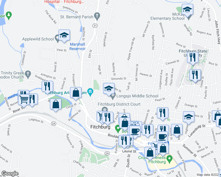map of restaurants, bars, coffee shops, grocery stores, and more near 21 Davis Street in Fitchburg