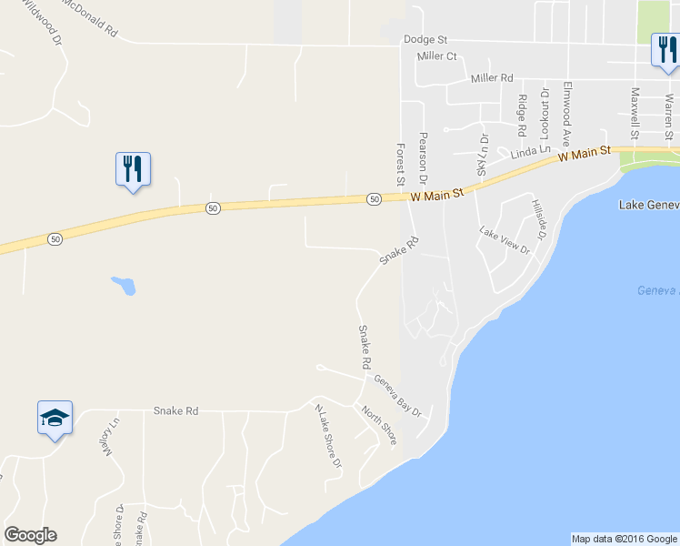 map of restaurants, bars, coffee shops, grocery stores, and more near W3110 Snake Road in Lake Geneva