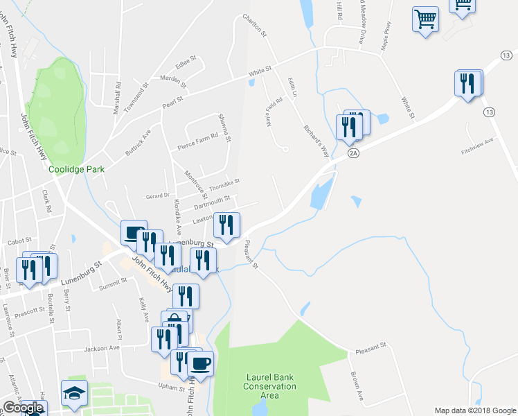 map of restaurants, bars, coffee shops, grocery stores, and more near 20 Pleasant Street in Lunenburg