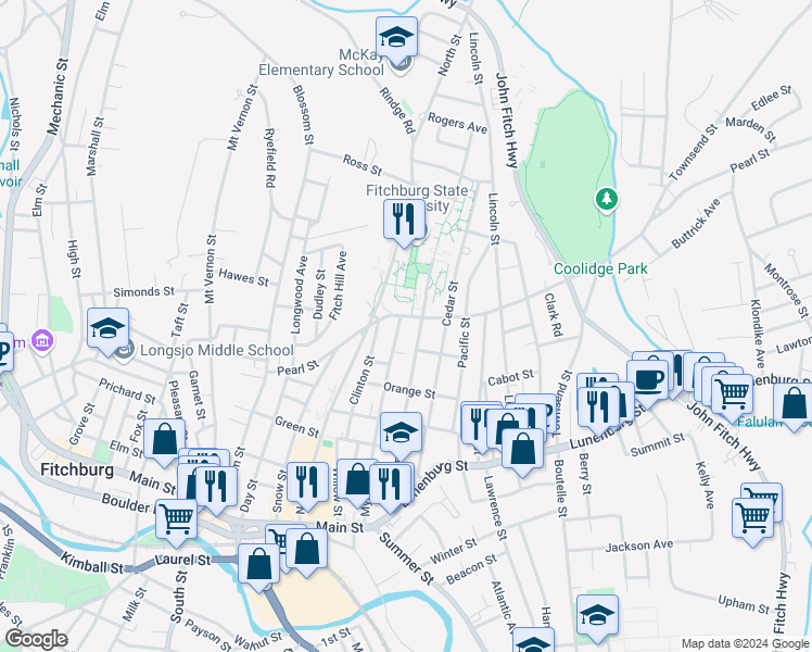 map of restaurants, bars, coffee shops, grocery stores, and more near 251 North Street in Fitchburg