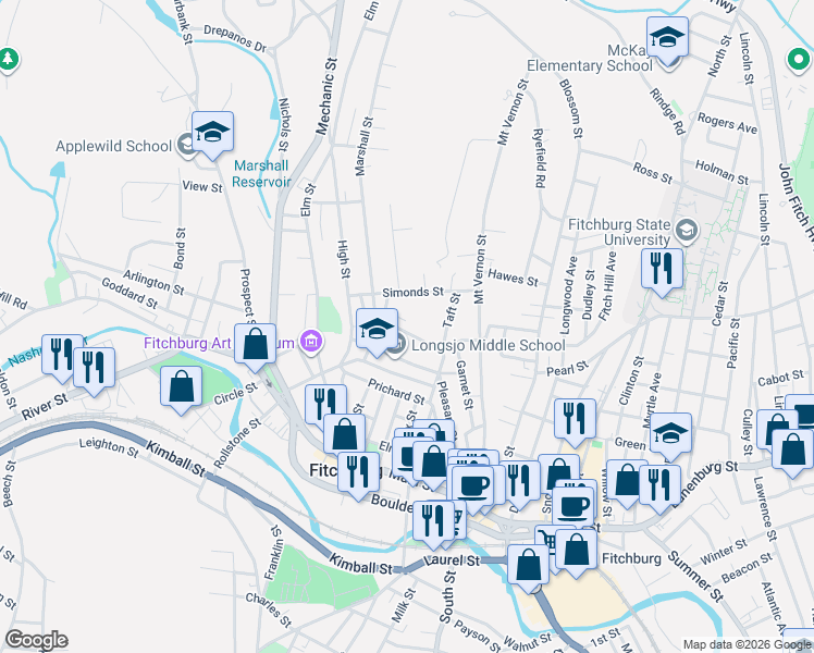 map of restaurants, bars, coffee shops, grocery stores, and more near 2 Highland Court in Fitchburg