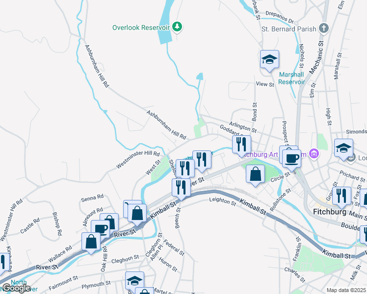 map of restaurants, bars, coffee shops, grocery stores, and more near 26 West Street in Fitchburg