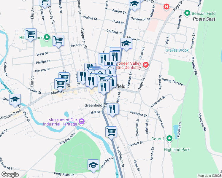 map of restaurants, bars, coffee shops, grocery stores, and more near 353 Main Street in Greenfield