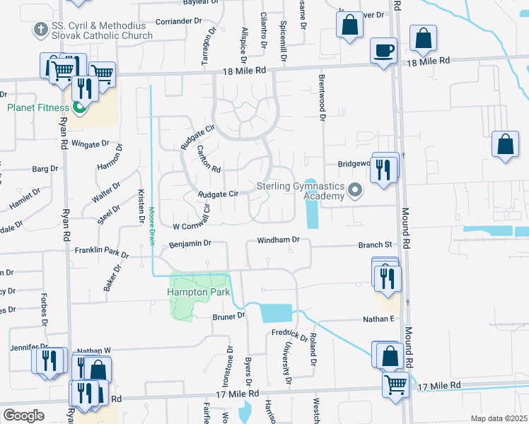 map of restaurants, bars, coffee shops, grocery stores, and more near 5151 Kidway Court in Sterling Heights