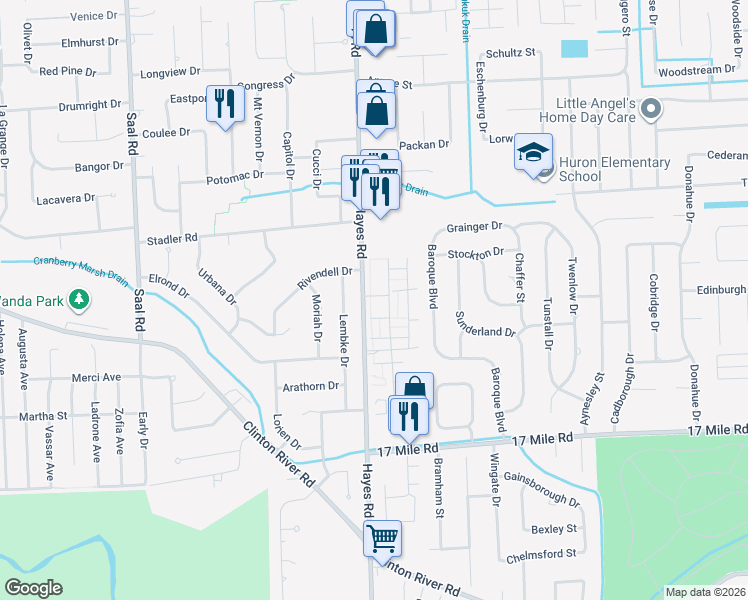 map of restaurants, bars, coffee shops, grocery stores, and more near 39527 Heatherheath Drive in Clinton Township