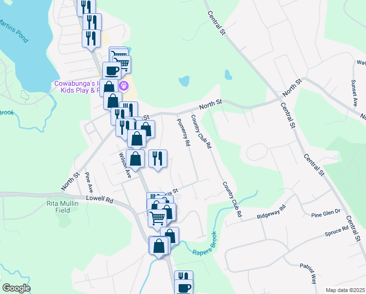 map of restaurants, bars, coffee shops, grocery stores, and more near 9 Pomeroy Road in North Reading